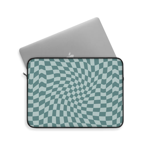 Trendy Wavy Teal Blue Checkerboard Laptop Sleeve