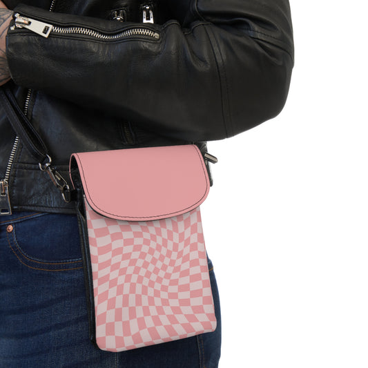 Pink Wavy Checkerboard Small Cell Phone Wallet