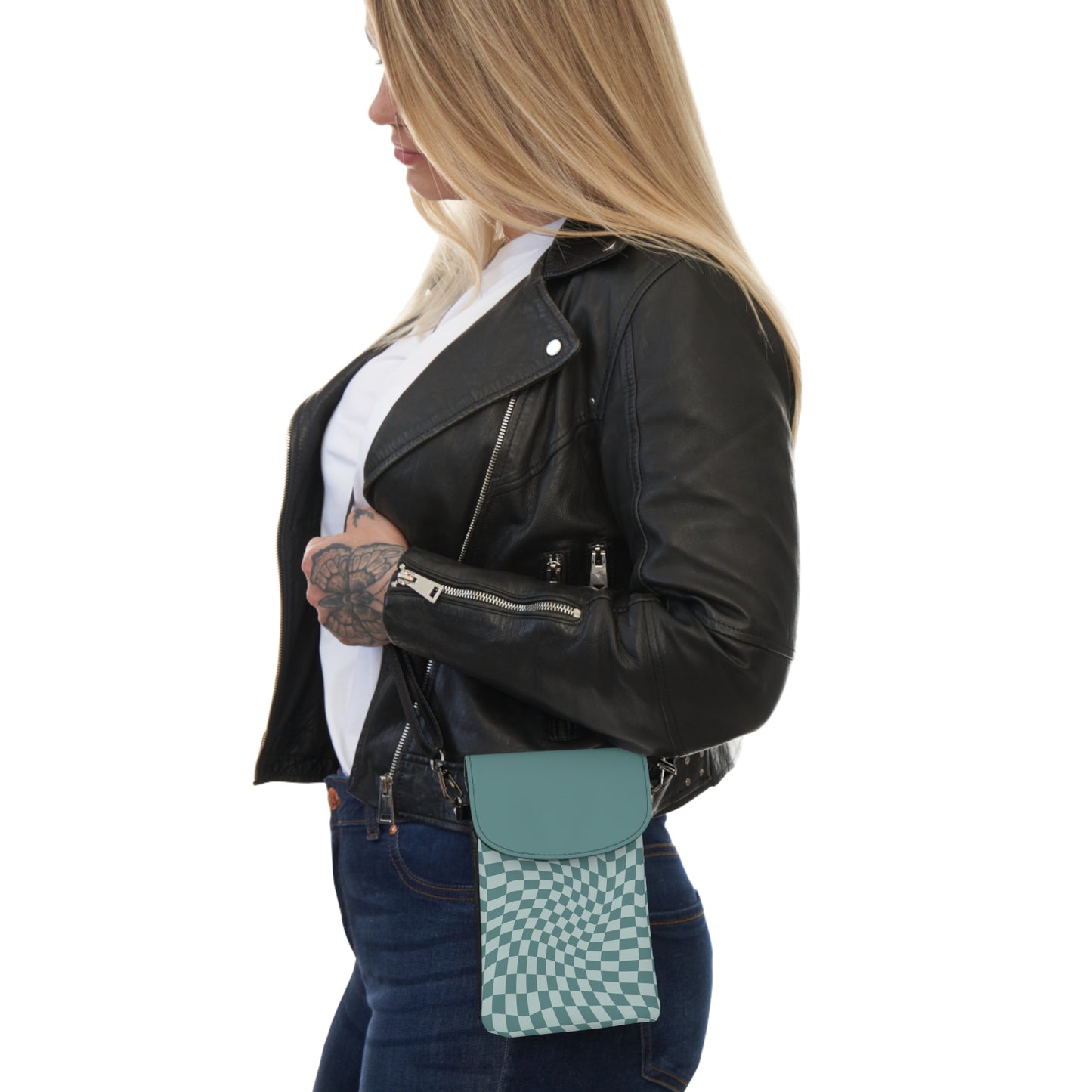 Teal Blue Wavy Checkerboard Small Cell Phone Wallet