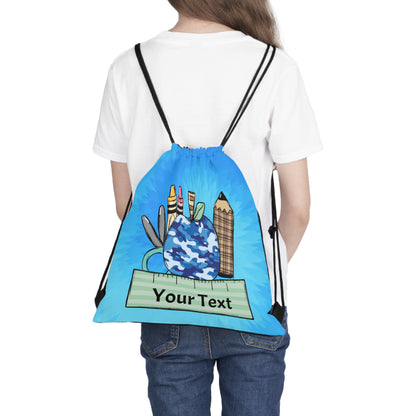 Back to School Personalized Kids Name Outdoor Drawstring Bag Blue Army Apple