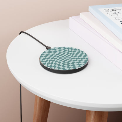 Teal Blue Wavy Checkerboard Wireless Charger