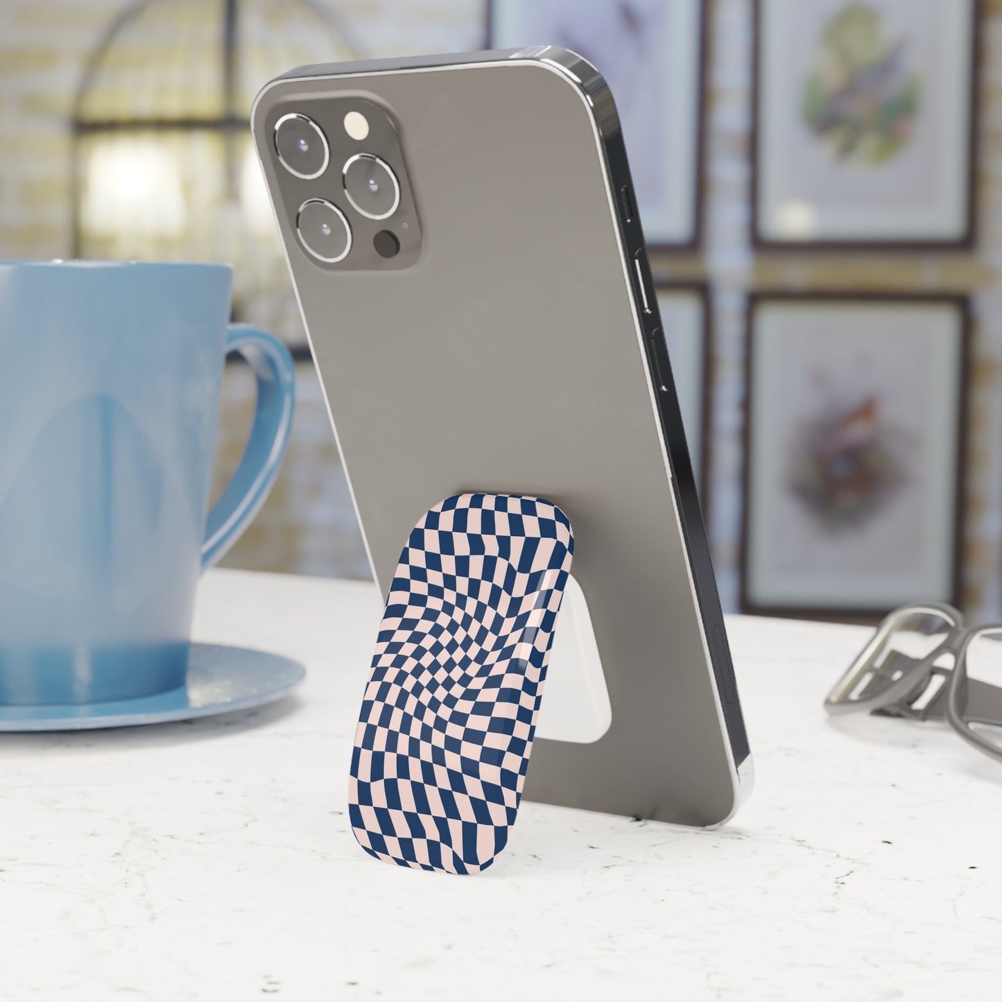 Blue Wavy Checkerboard Phone Click-On Grip
