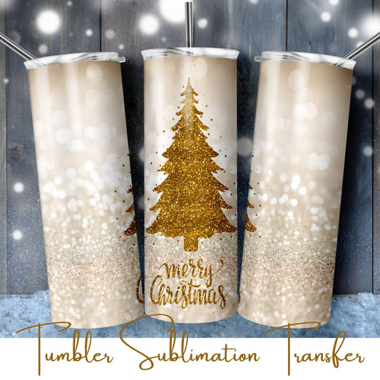 SUB22203 Gold Glitter Merry Christmas Tree Tumbler Sublimation Transfer