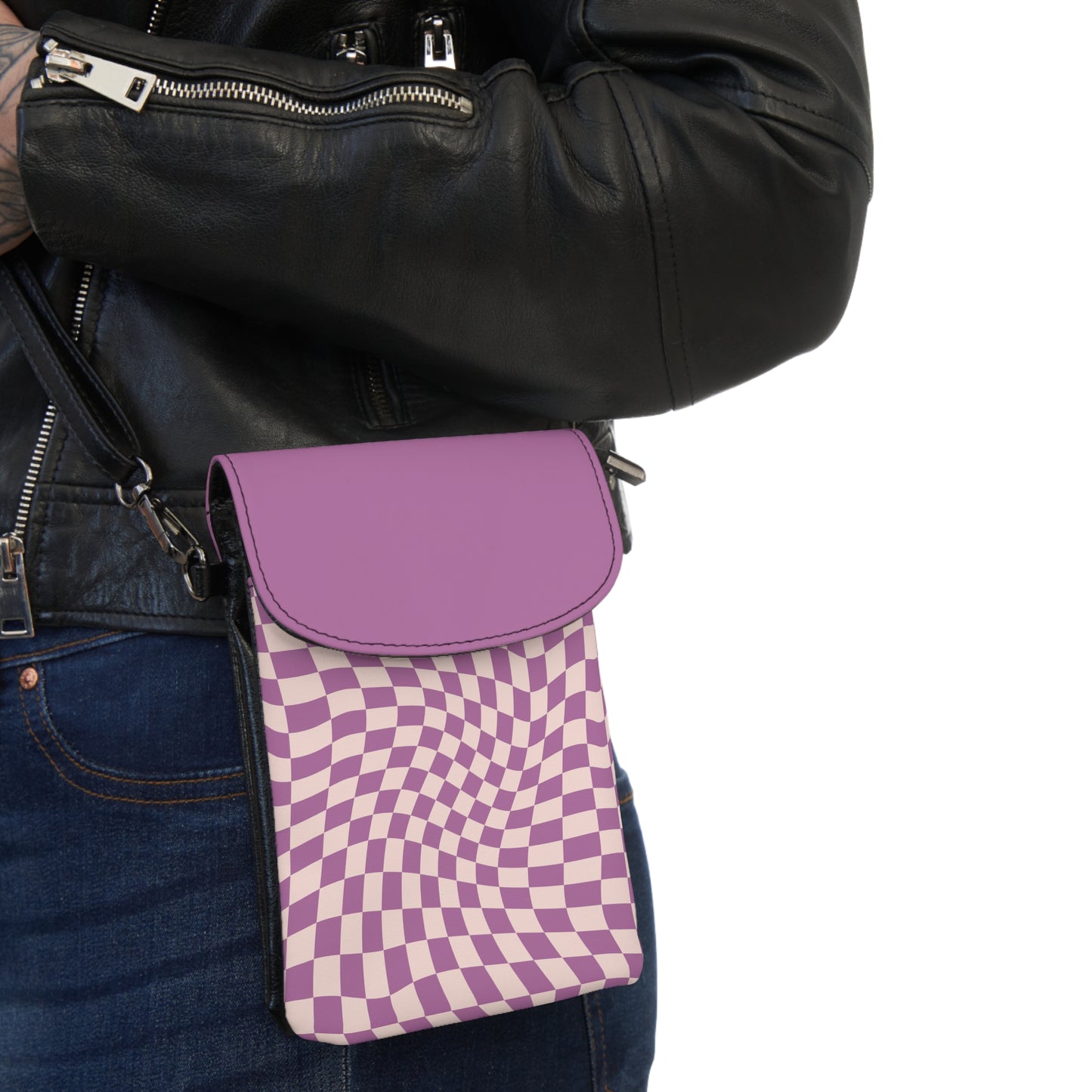 Purple Pink Wavy Checkerboard Small Cell Phone Wallet