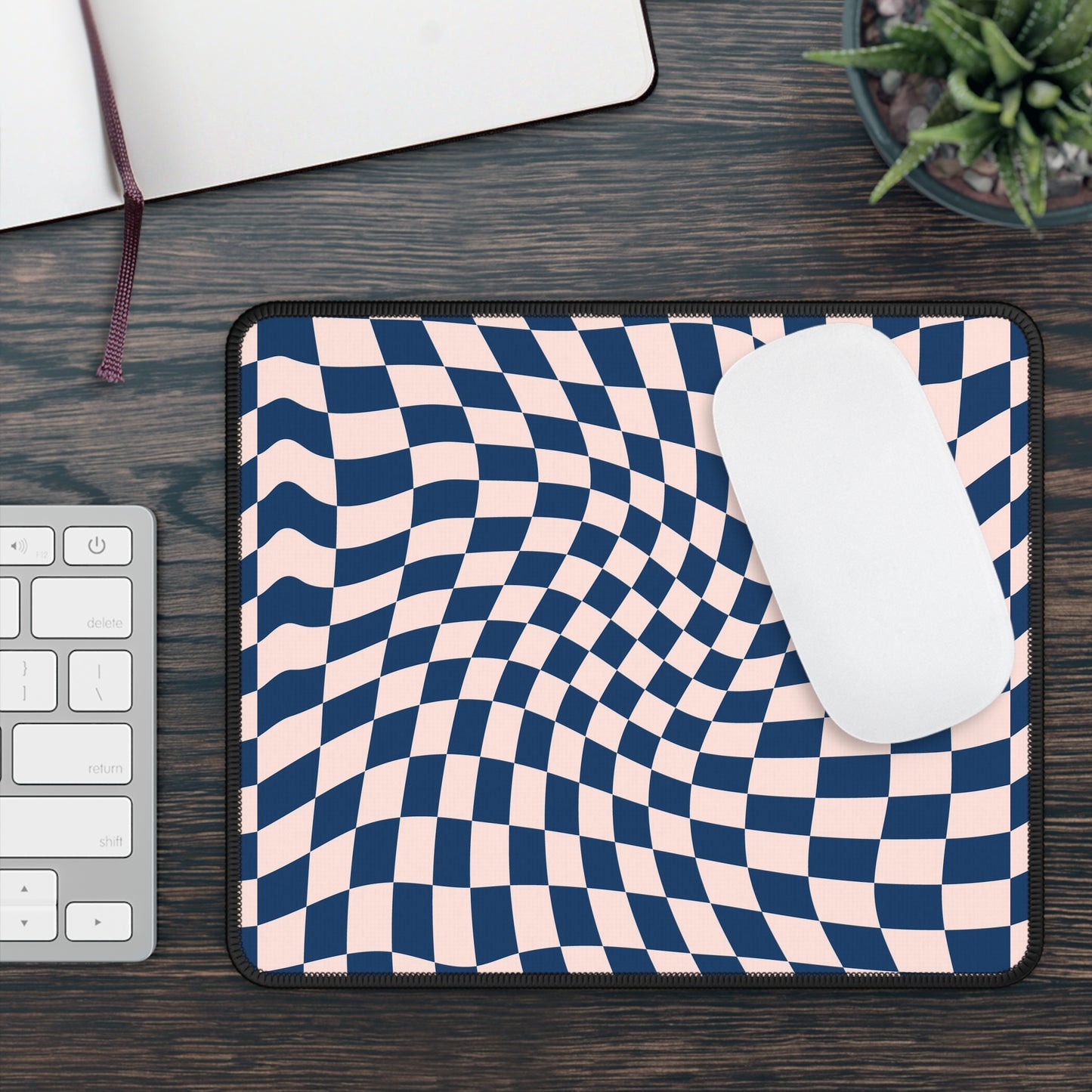 Trendy Wavy Blue Checkerboard Non Slip Gaming Mouse Pad
