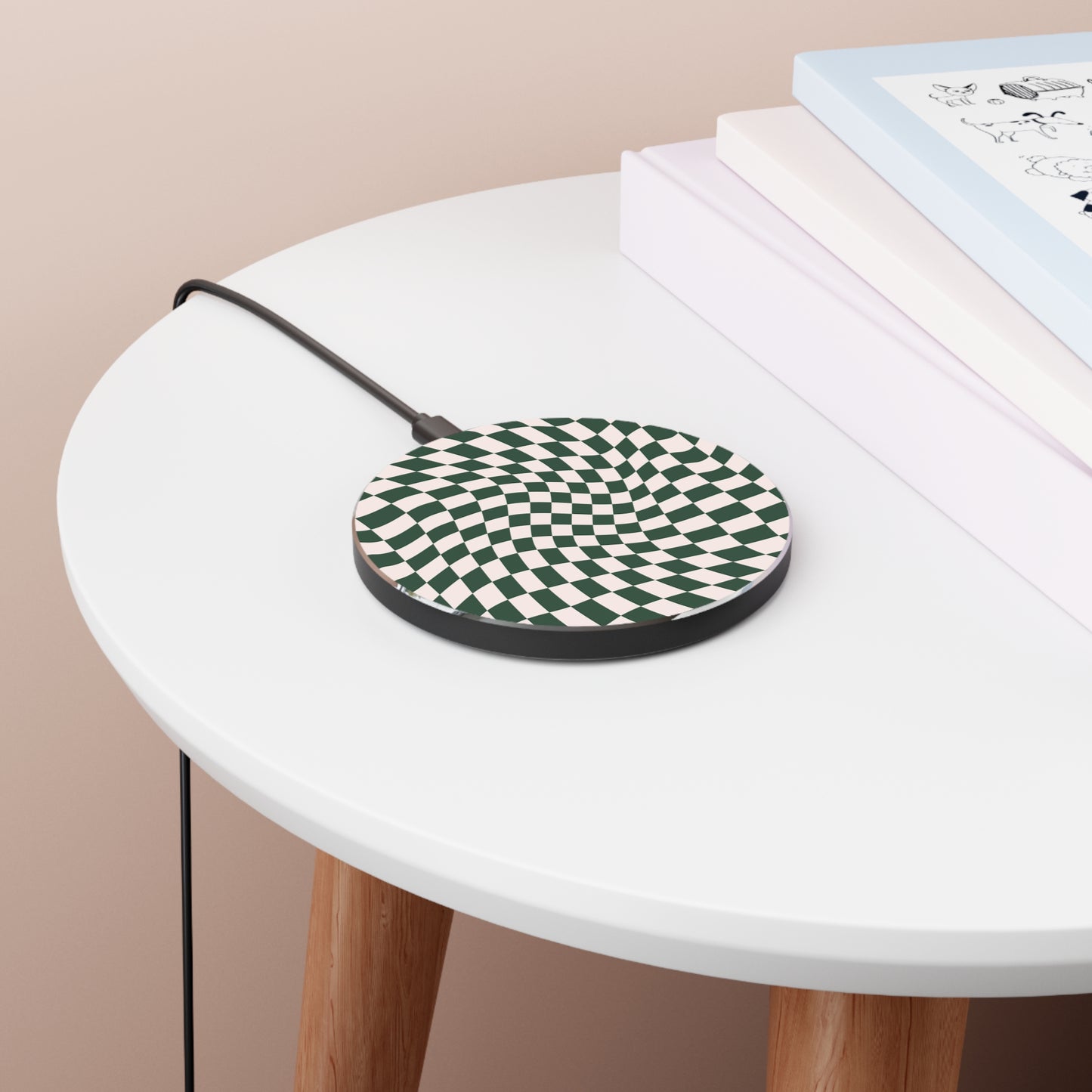 Forest Green Wavy Checkerboard Wireless Charger
