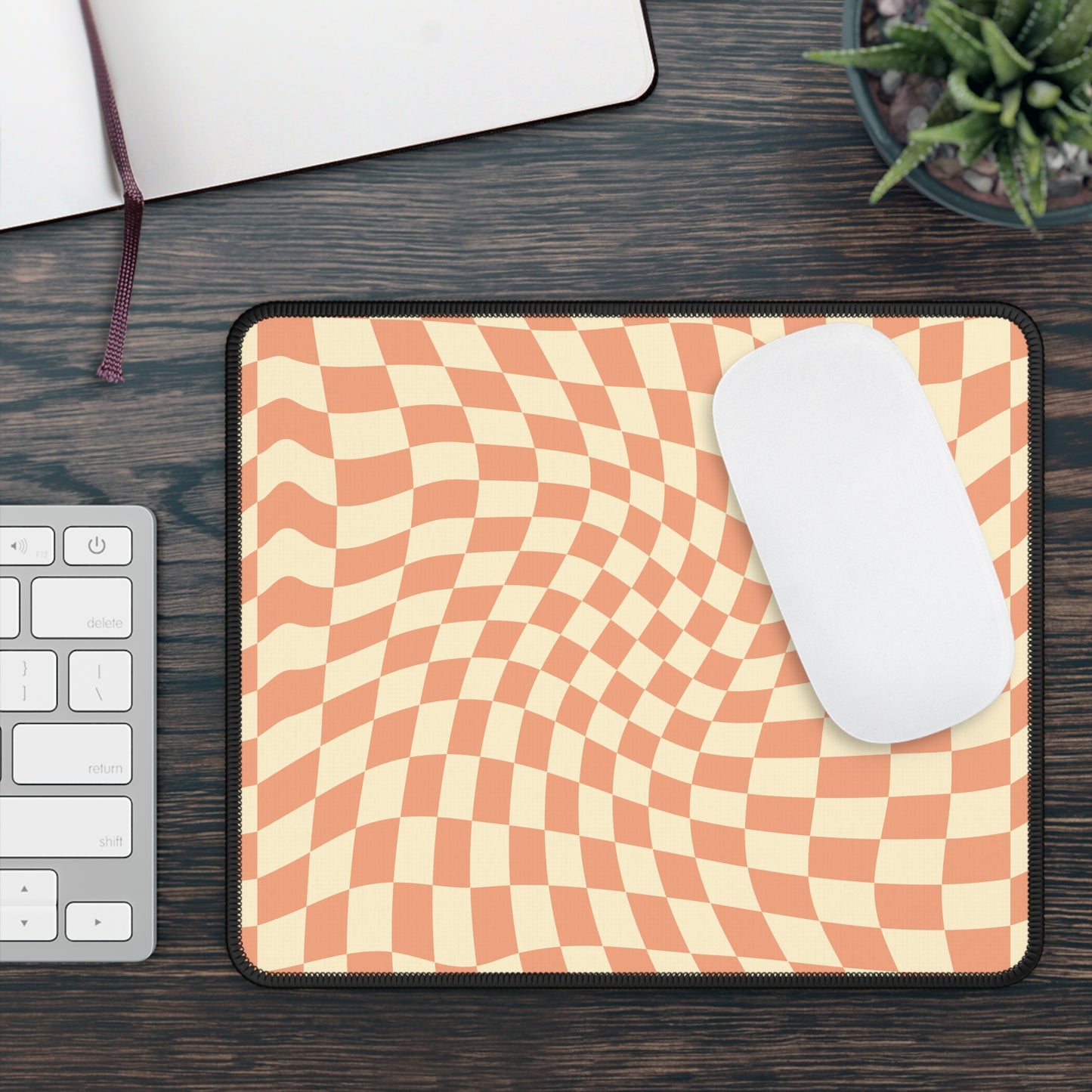 Trendy Wavy Peach Cream Checkerboard Non Slip Gaming Mouse Pad