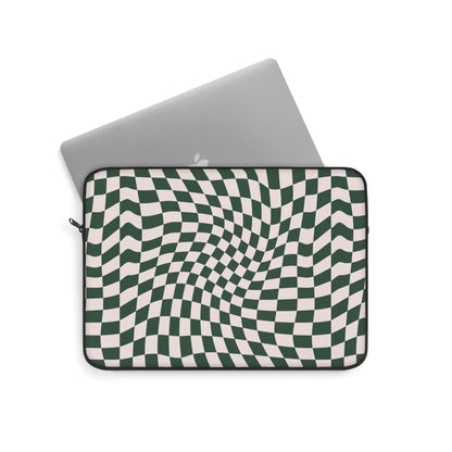 Trendy Wavy Forest Green Checkerboard Laptop Sleeve