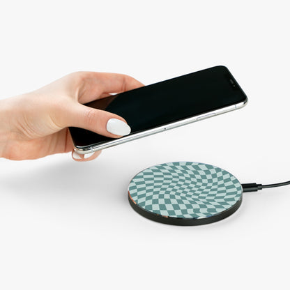 Teal Blue Wavy Checkerboard Wireless Charger