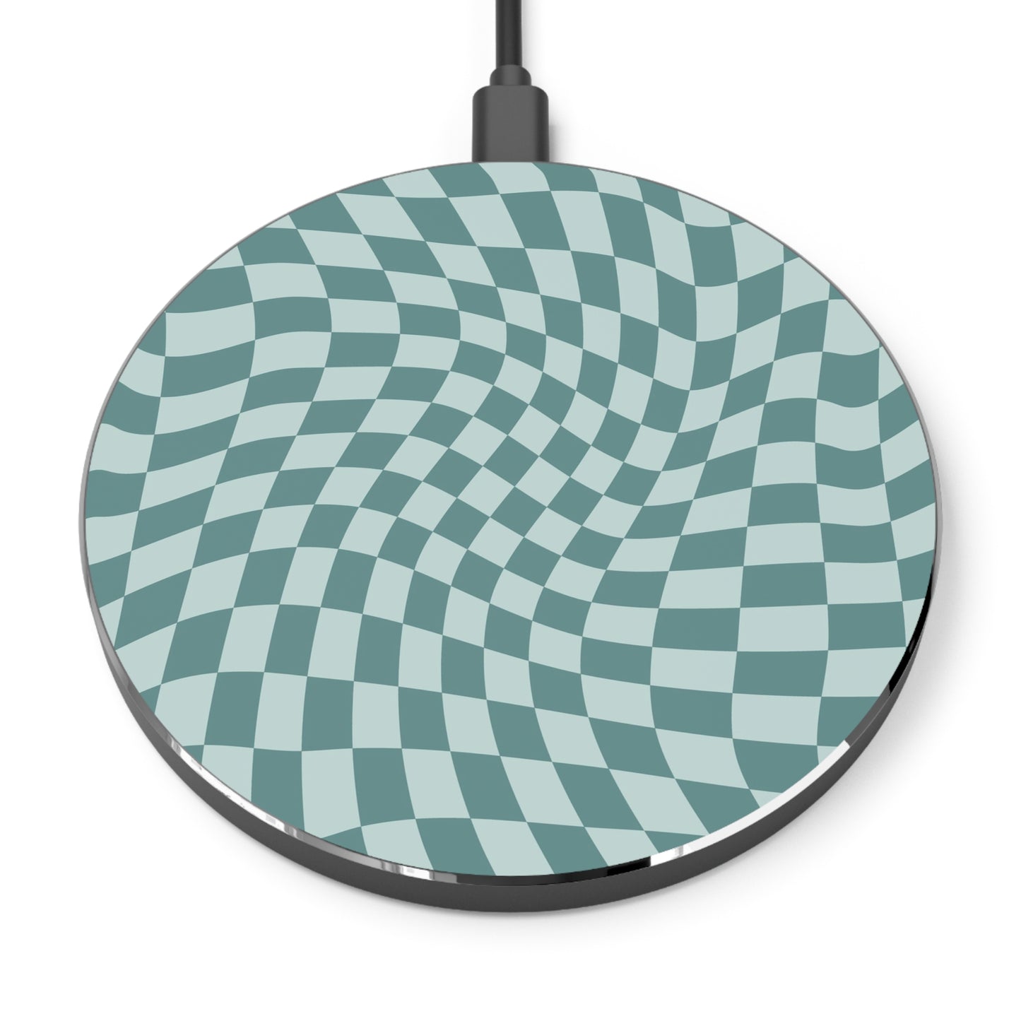 Teal Blue Wavy Checkerboard Wireless Charger