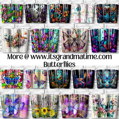 SUB915-920 Blue, Purple, Teal, Magenta, Gold, Red Glitter Butterfly Tumbler Sublimation Transfer