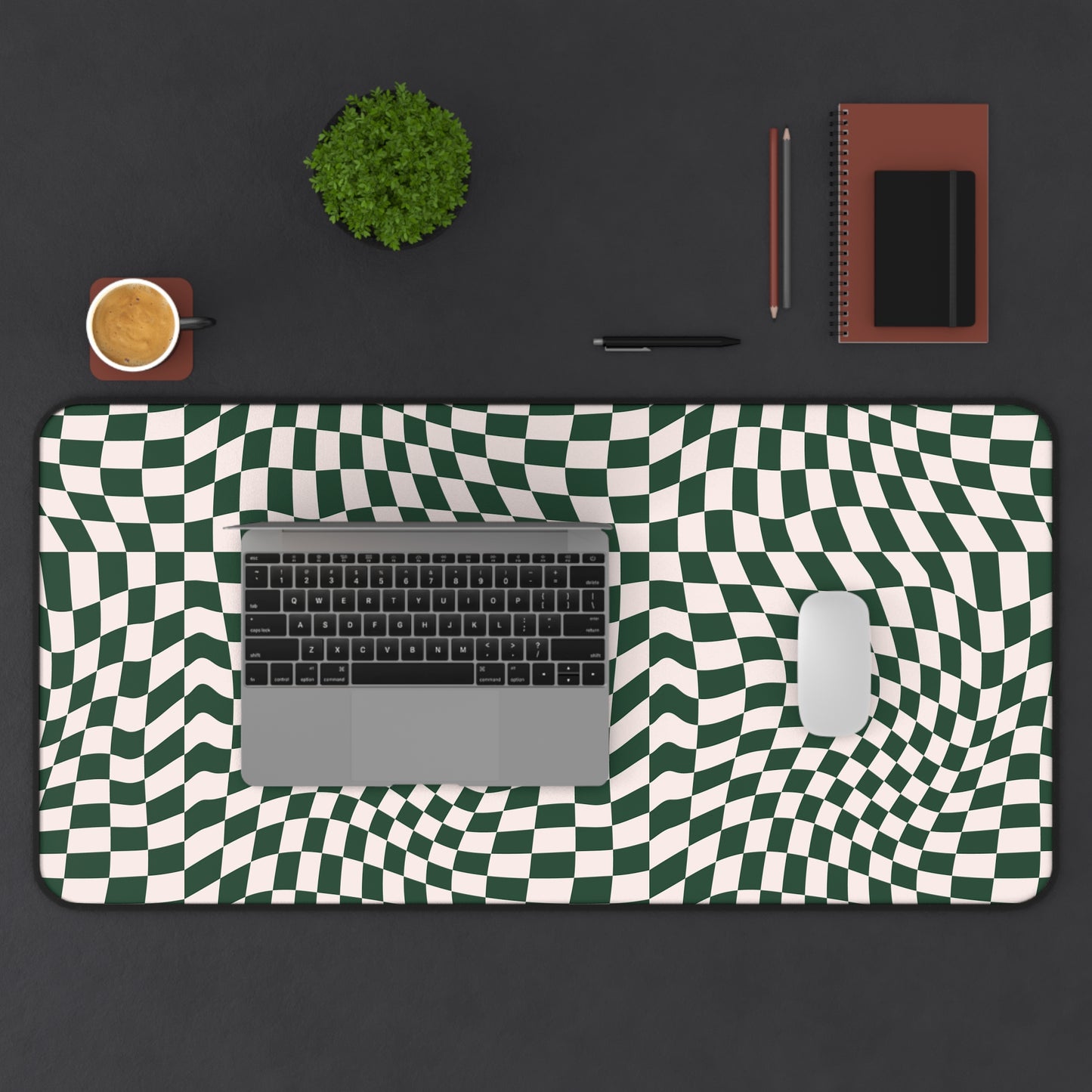 Forest Green Wavy Checkerboard Desk Pad 15.5 x 31