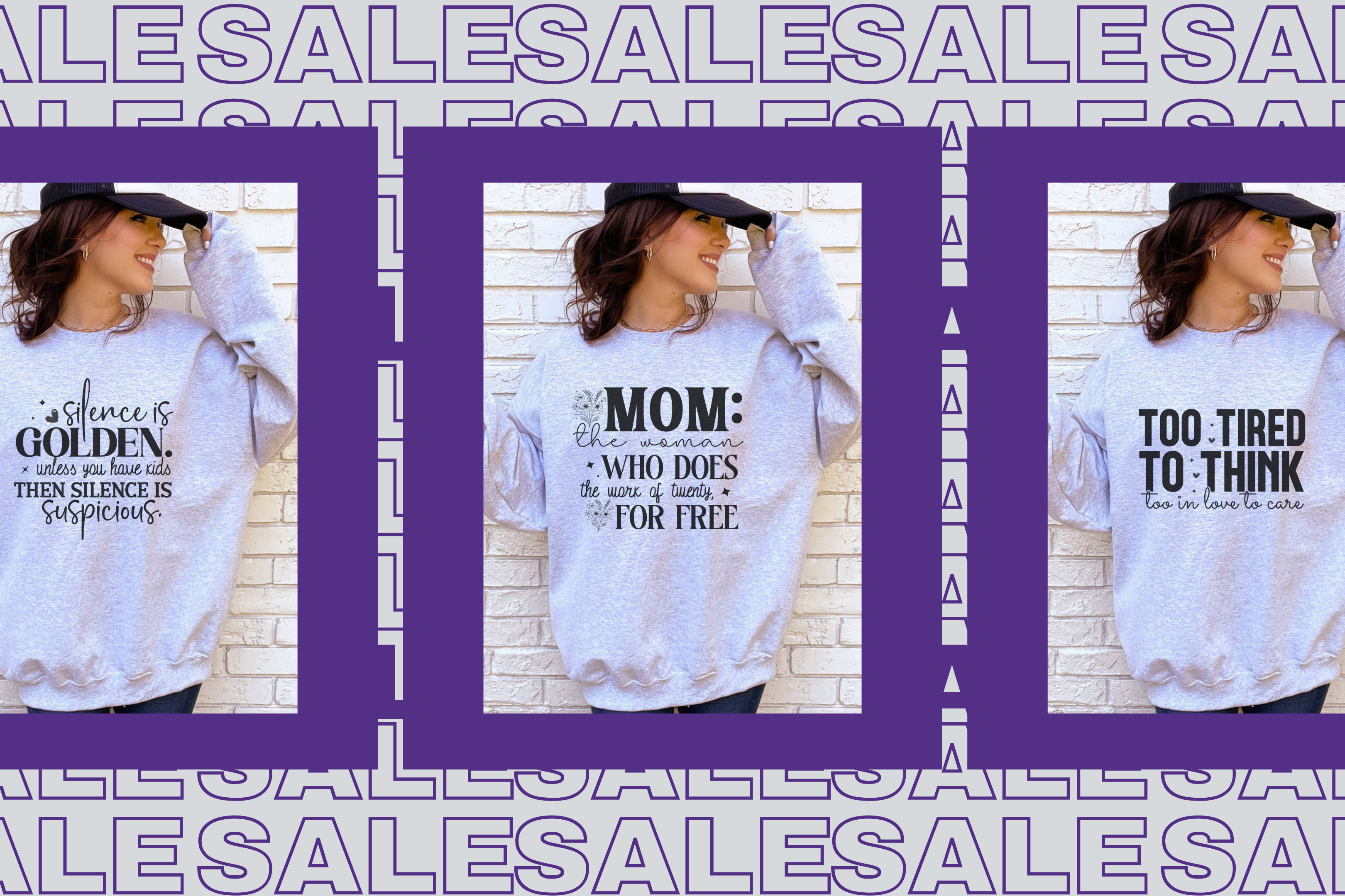 Mother's Day Sale Purple background with Sweatshirts and Funny sayings