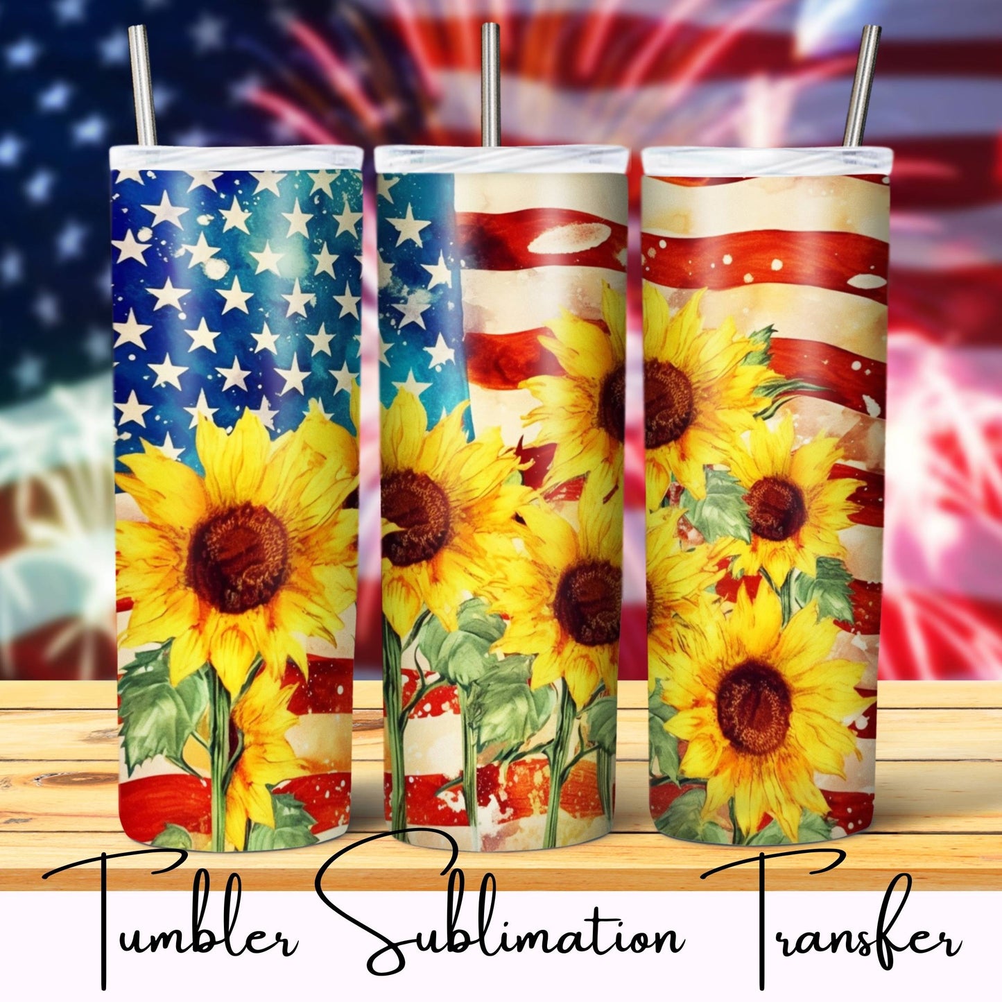 SUB1221 Patriotic Sunflower Flag Tumbler Sublimation Transfer