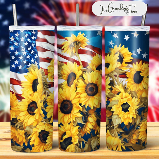 Tumbler with Flag background and Sunflowers
