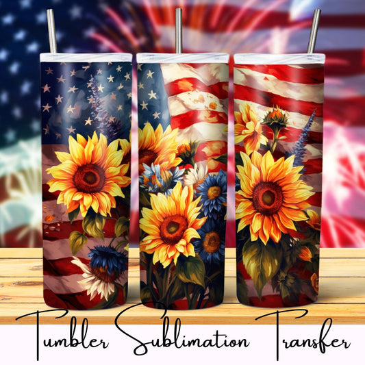 SUB1223 Patriotic Sunflower Flag Tumbler Sublimation Transfer