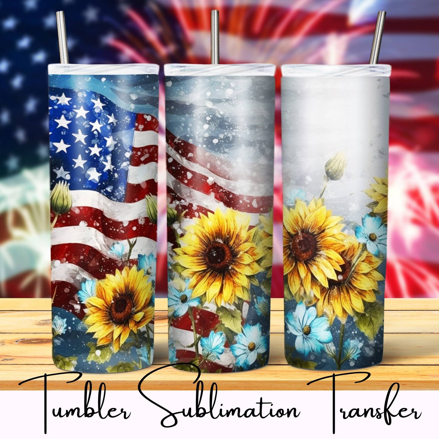 SUB1224 Patriotic Sunflower Flag Tumbler Sublimation Transfer