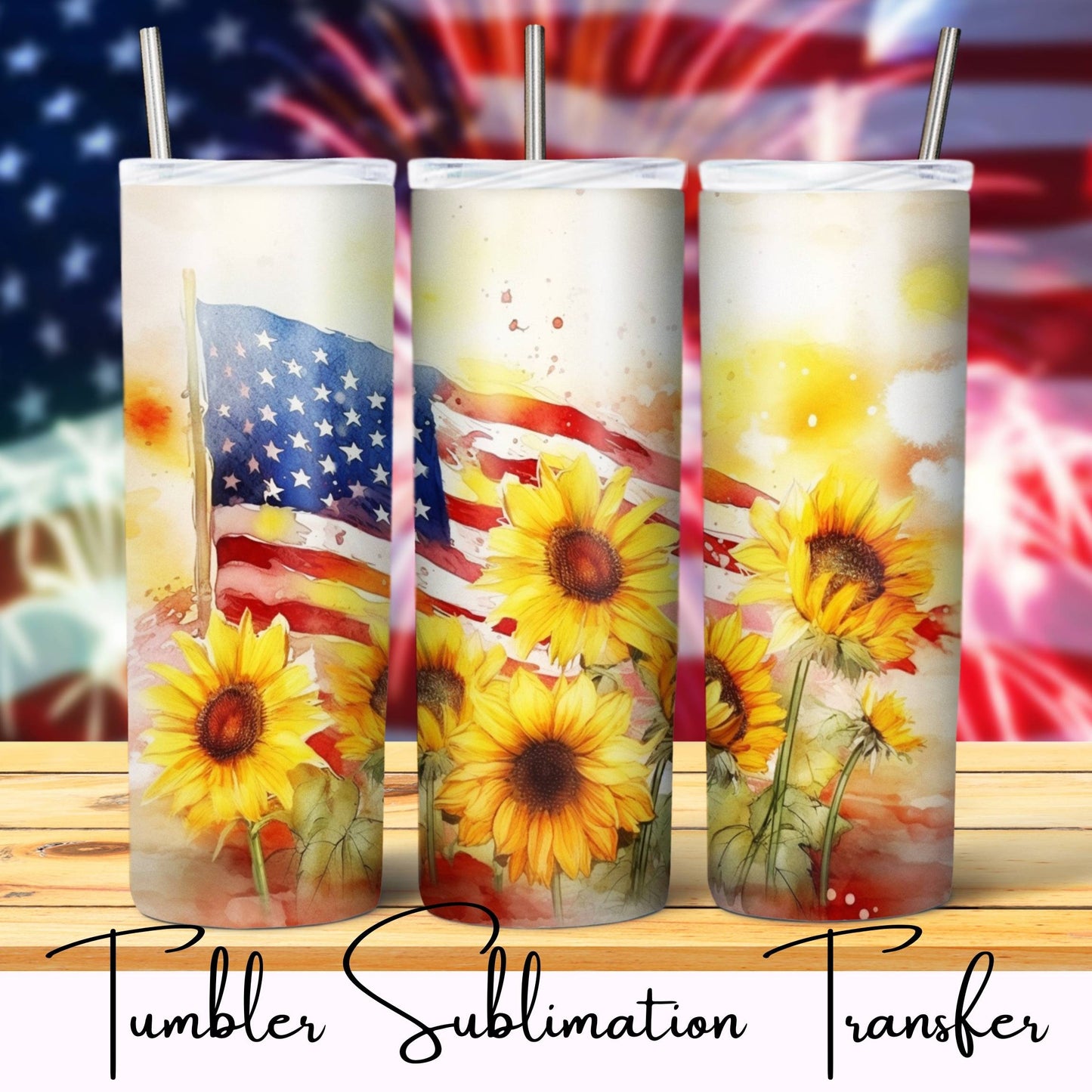 SUB1225 Patriotic Sunflower Flag Tumbler Sublimation Transfer