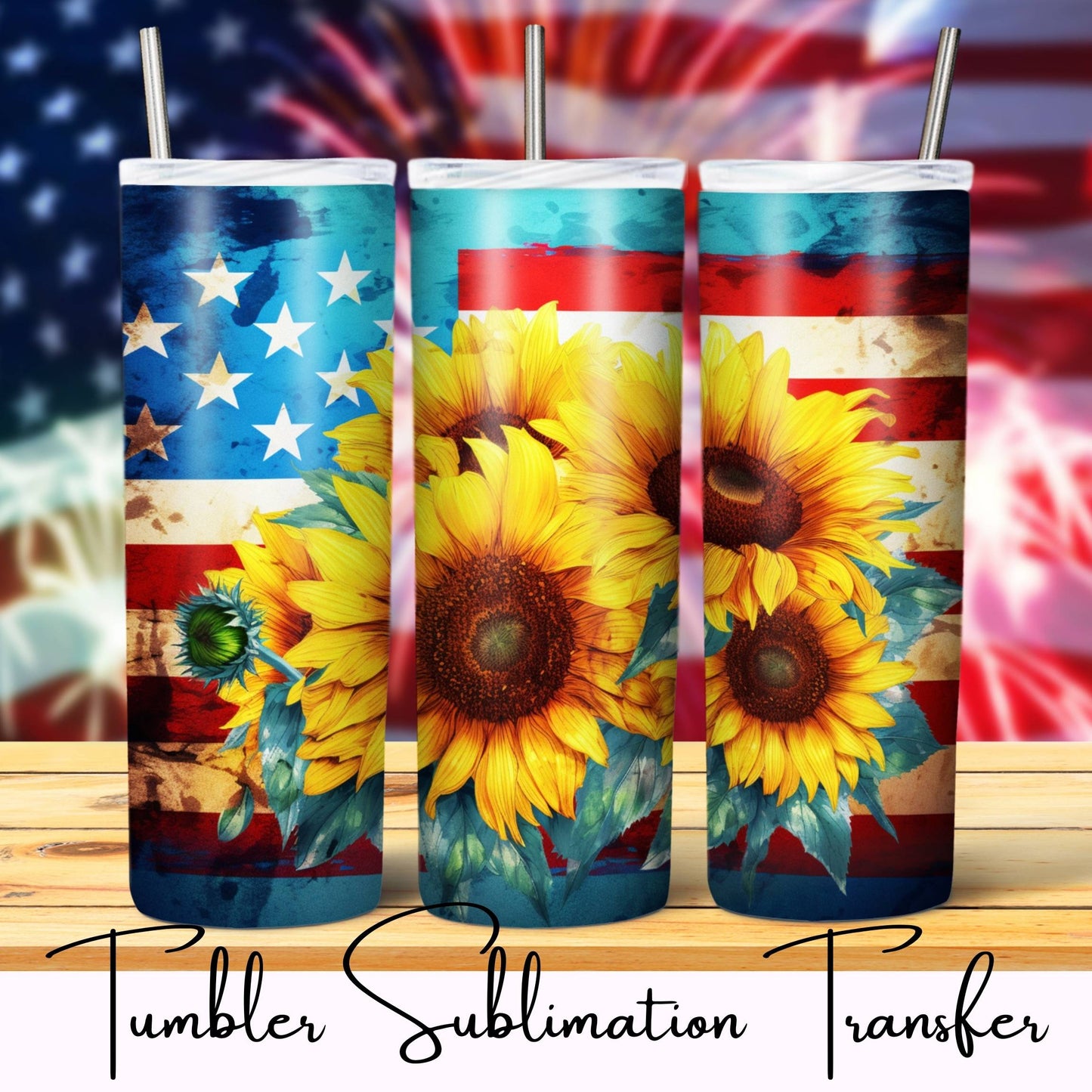 SUB1226 Patriotic Sunflower Flag Tumbler Sublimation Transfer