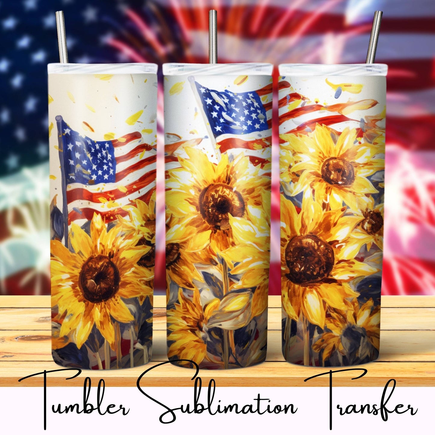 SUB1228 Patriotic Sunflower Flag Tumbler Sublimation Transfer