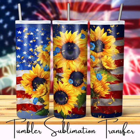SUB1229 Patriotic Sunflower Flag Tumbler Sublimation Transfer