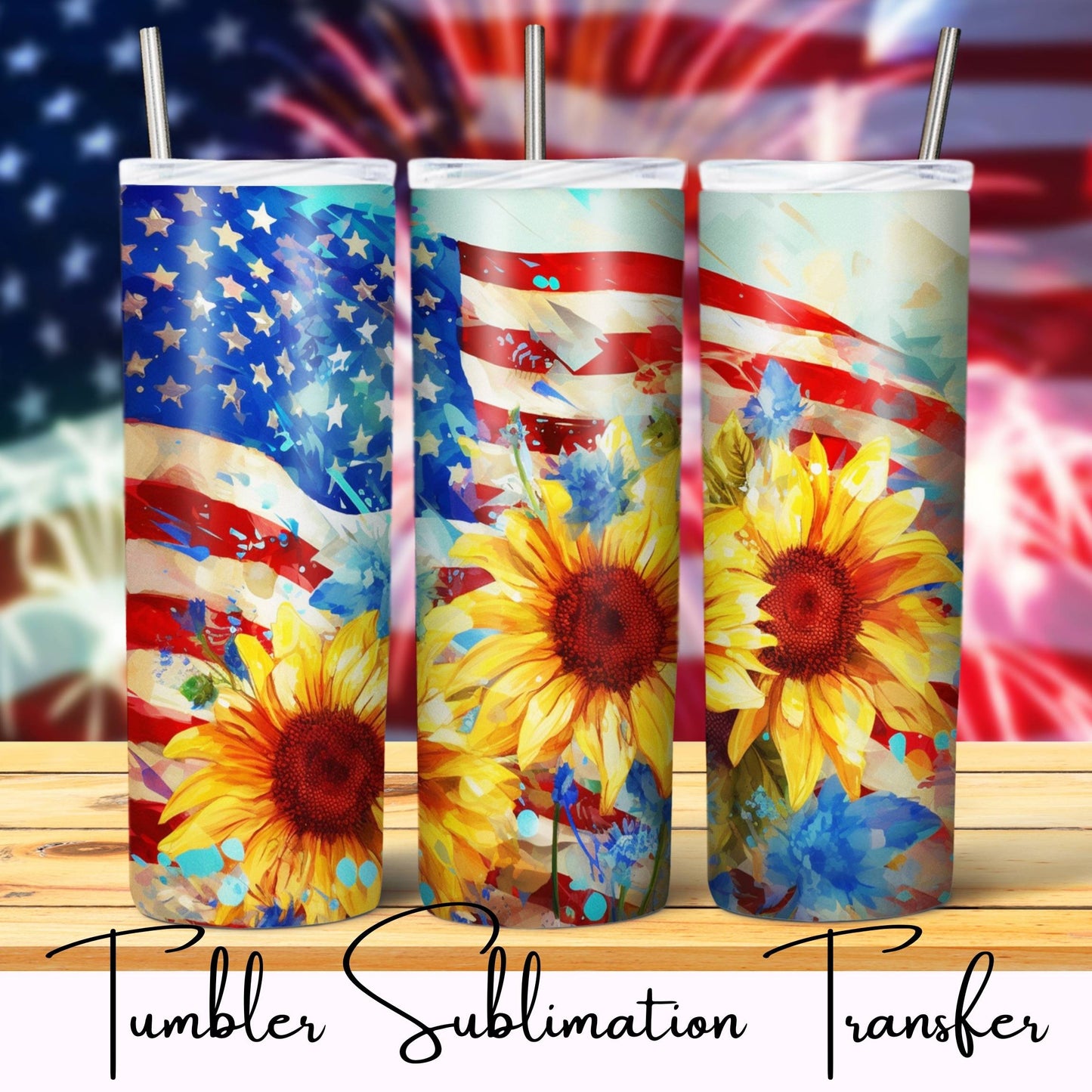 SUB1233 Patriotic Sunflower Flag Tumbler Sublimation Transfer