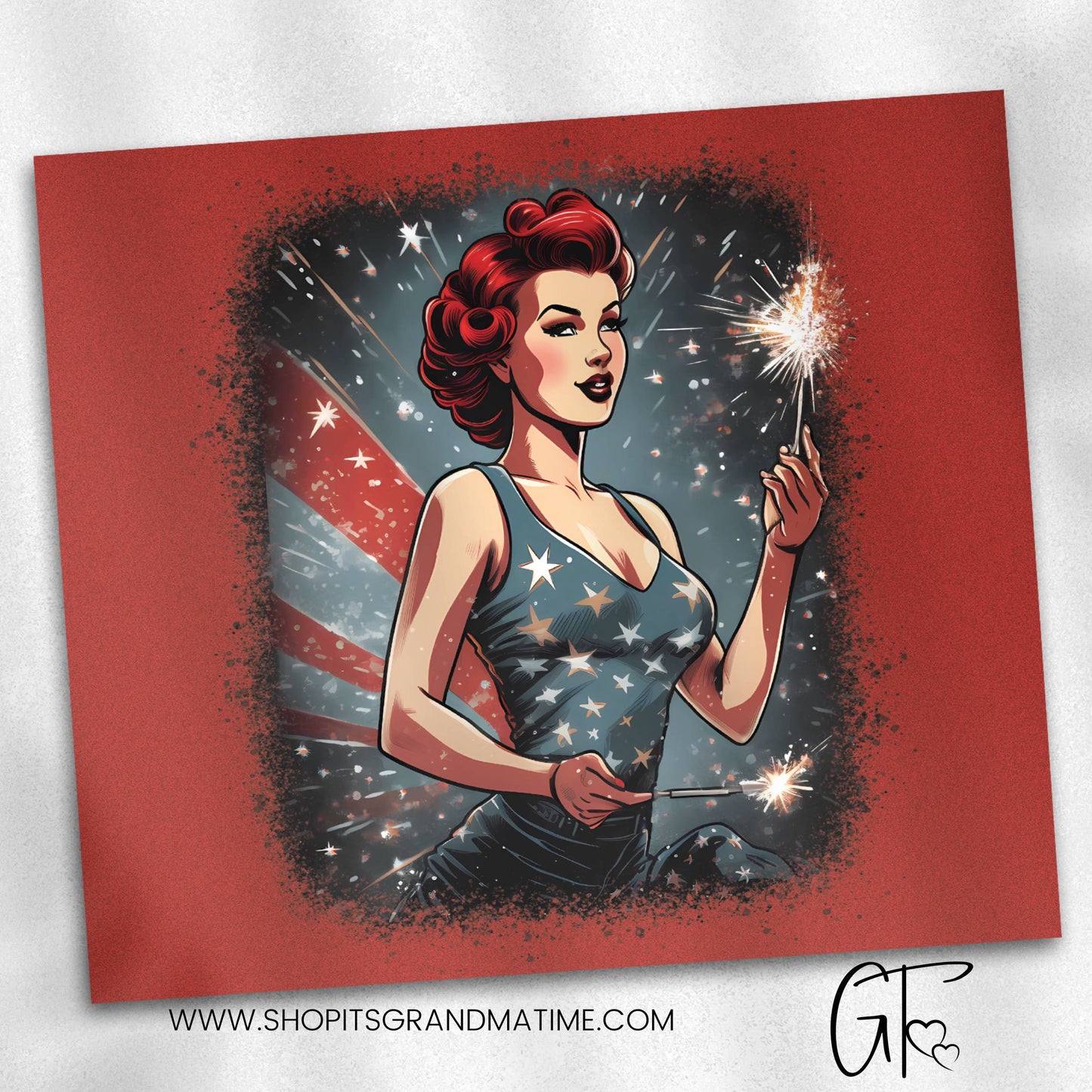 SUB1492 Vintage PinUp Girl 4th of July Fireworks Patriotic Tumbler Sublimation Transfer