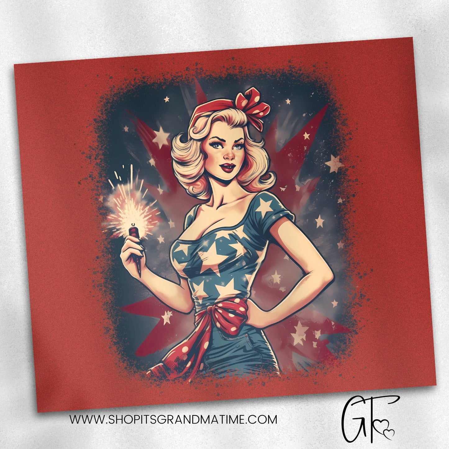 SUB1494 Vintage PinUp Girl 4th of July Fireworks Patriotic Tumbler Sublimation Transfer