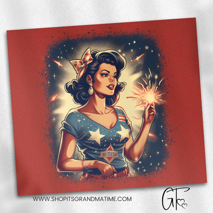 SUB1495 Vintage PinUp Girl 4th of July Fireworks Patriotic Tumbler Sublimation Transfer