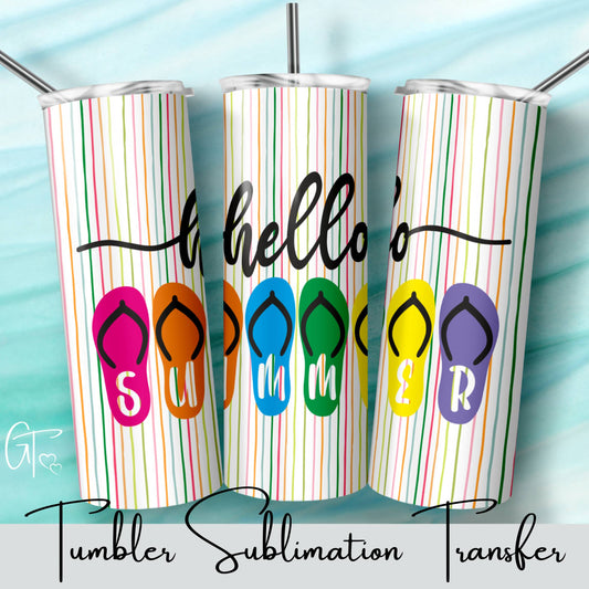 SUB1554 Hello Summer Stripes Flip Flops Tumbler Sublimation Transfer