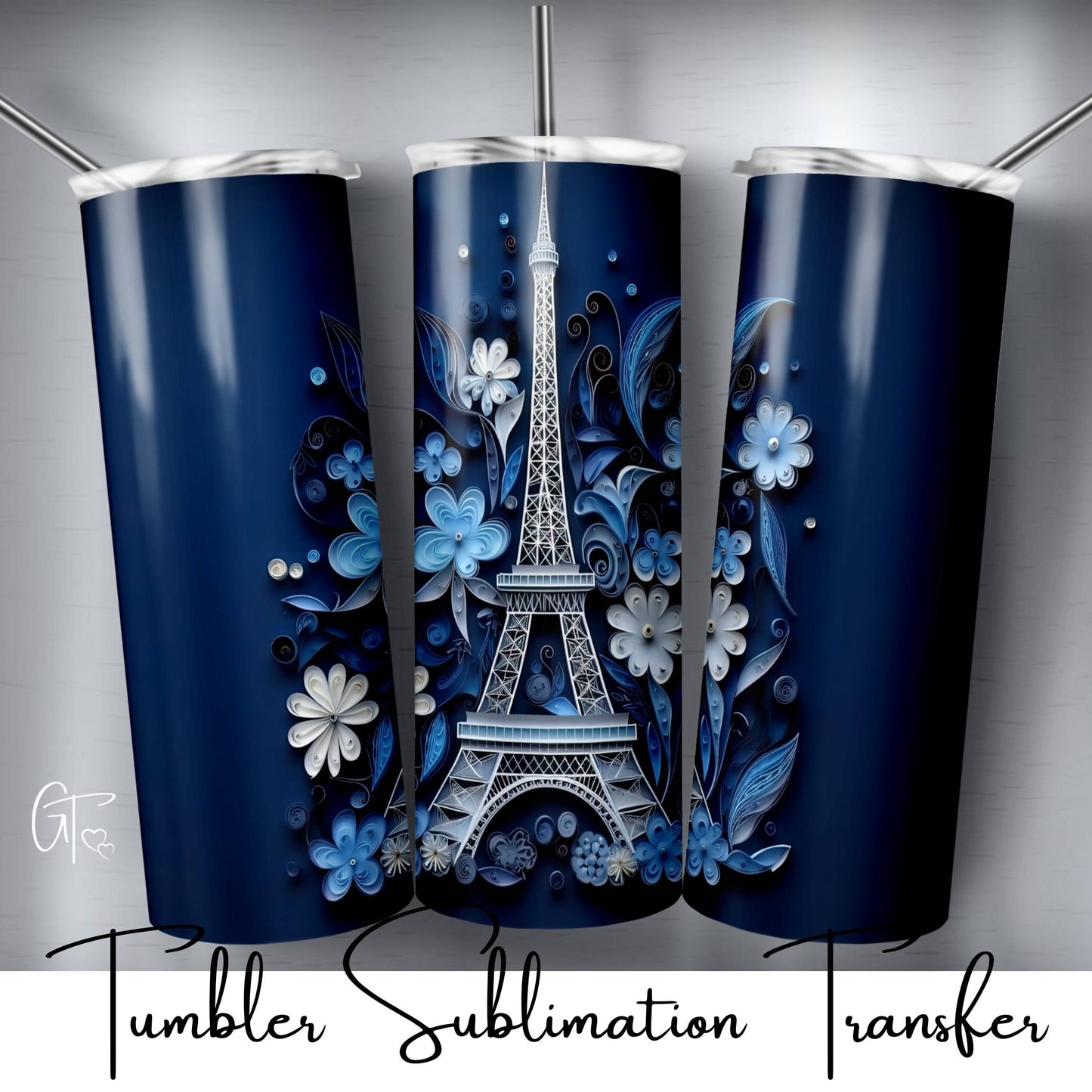 SUB1793 Paper Curl Eiffel Tower Flower Tumbler Sublimation Transfer
