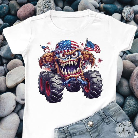 SUB1922 Monster Truck 4th of July Patriotic Kids T-Shirt