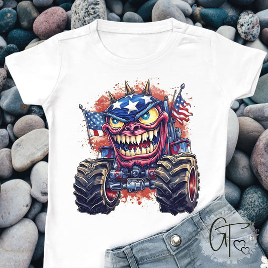 SUB1929 Monster Truck 4th of July Patriotic Kids T-Shirt