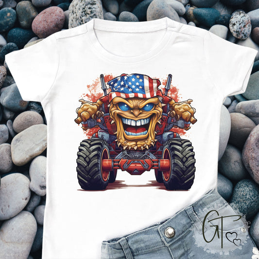 SUB1930 Monster Truck 4th of July Patriotic Kids T-Shirt