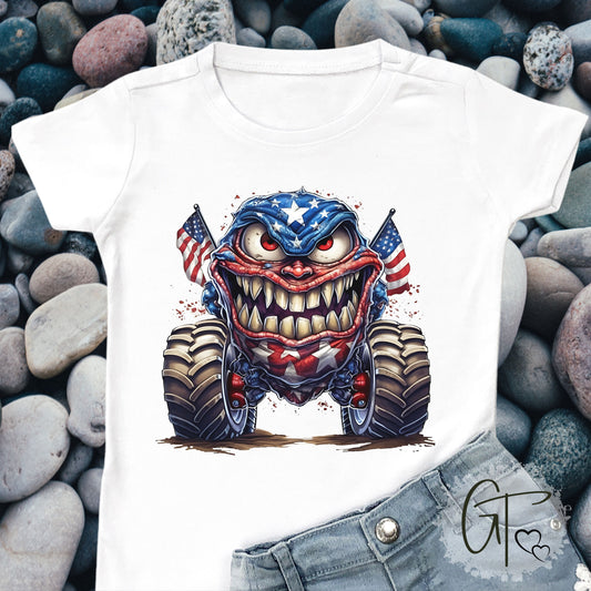 SUB1931 Monster Truck 4th of July Patriotic Kids T-Shirt