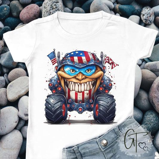 SUB1932 Monster Truck 4th of July Patriotic Kids T-Shirt