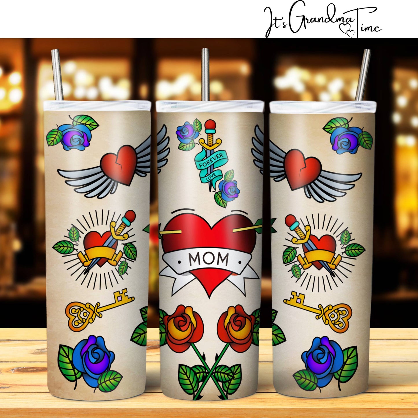 SUB1990 Vintage Mom Tattoo Forever Love Heart with Arrow Tumbler Sublimation Transfer
