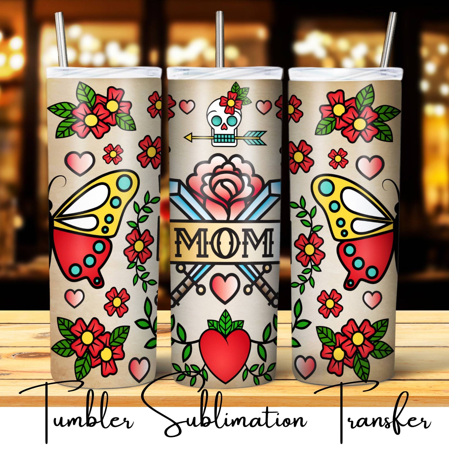 SUB1994 Vintage Mom Tattoo Butterfly Wings Swords Tumbler Sublimation Transfer
