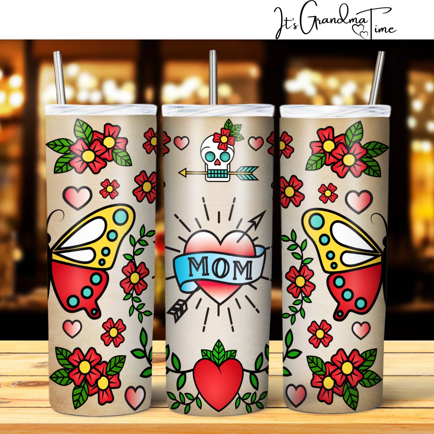 SUB1996 Vintage Mom Tattoo Mom Heart Butterfly Wings Tumbler Sublimation Transfer