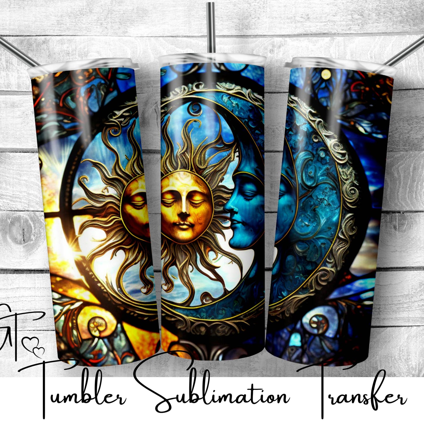 SUB734 Sun and Moon Boho Stained Glass Zodiac Tumbler Sublimation Transfer