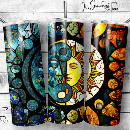 SUB736 Sun and Moon Boho Stained Glass Zodiac Tumbler Sublimation Transfer