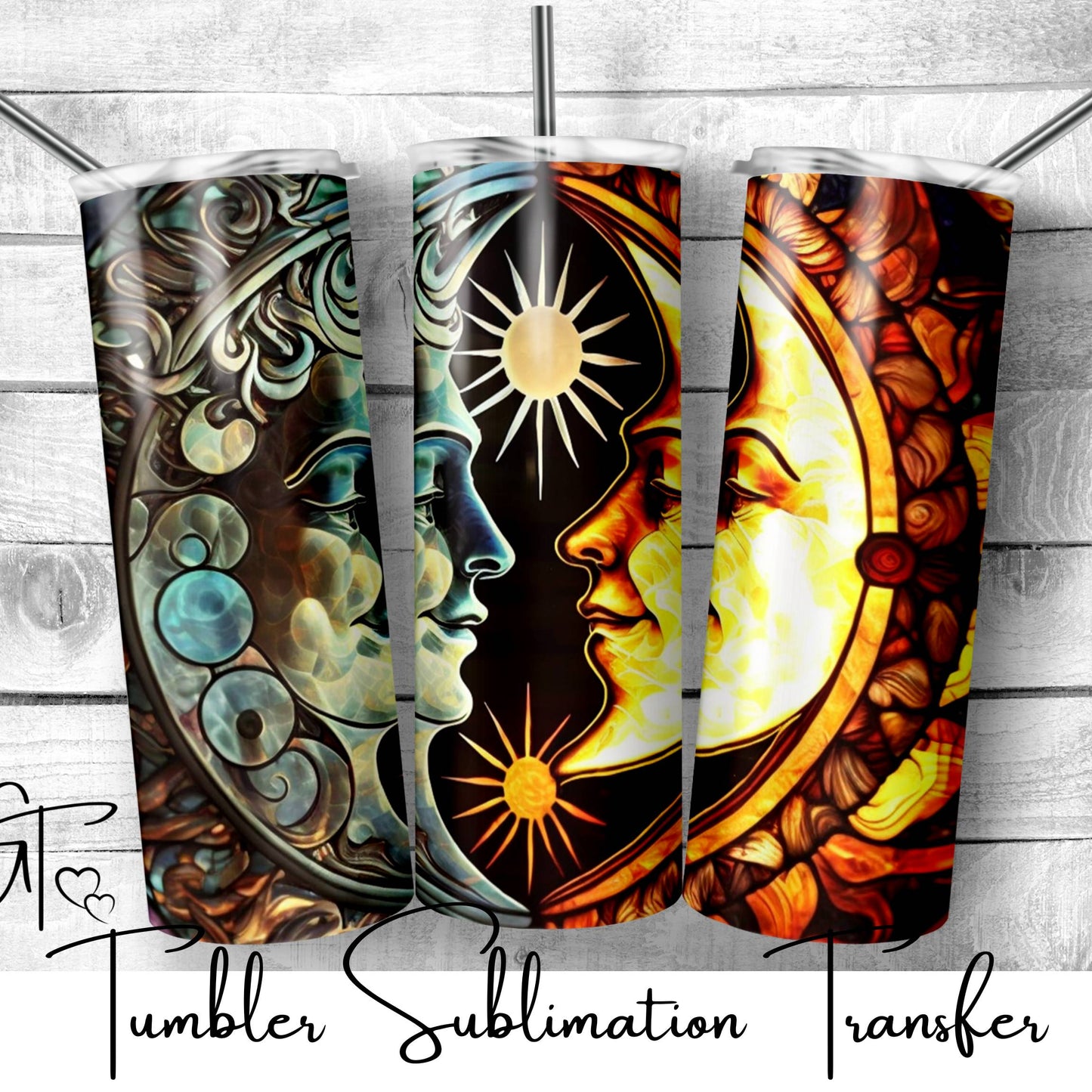 SUB738 Sun and Moon Boho Stained Glass Zodiac Tumbler Sublimation Transfer