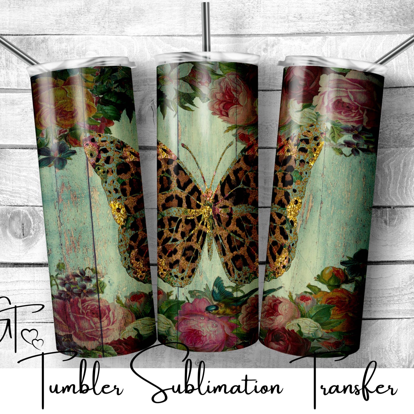SUB928 Butterfly in Leopard Rose Tumbler Sublimation Transfer
