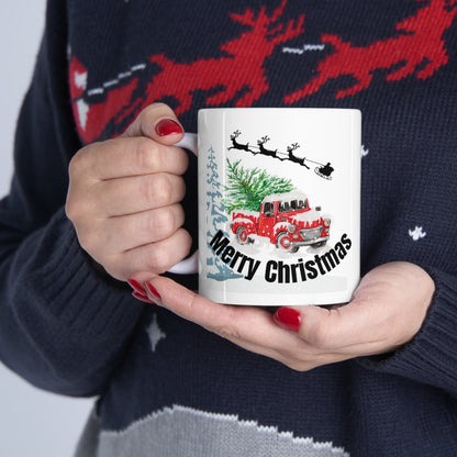 Merry Christmas Red Truck with Santa's Sleigh Ceramic Mug