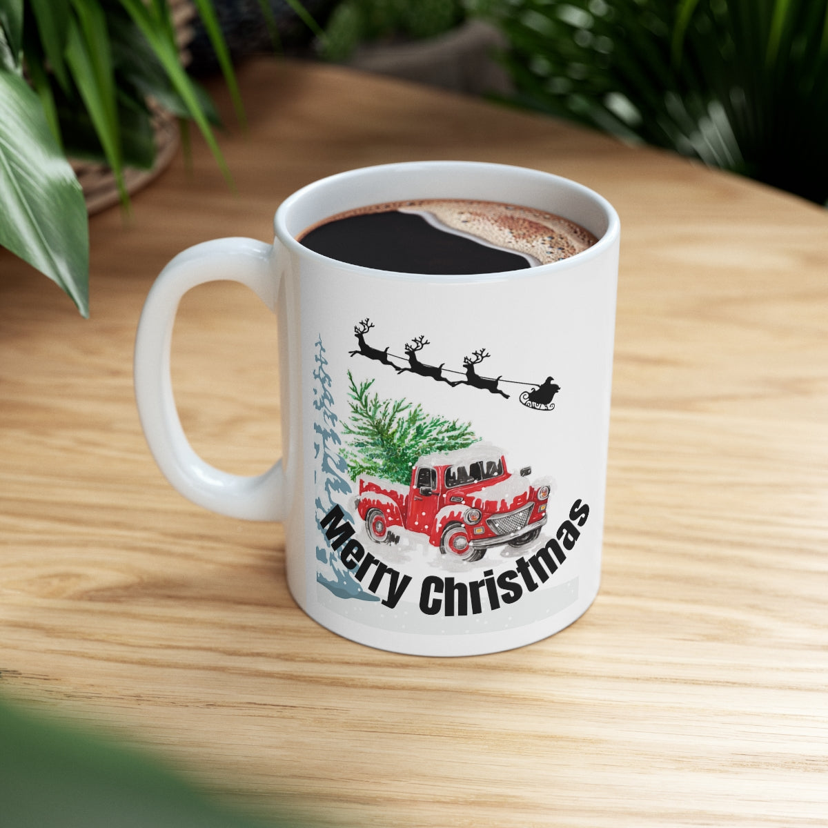 Merry Christmas Red Truck with Santa's Sleigh Ceramic Mug