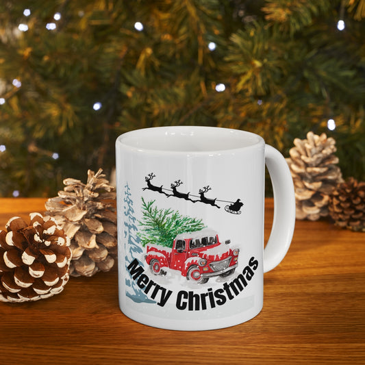 Merry Christmas Red Truck with Santa's Sleigh Ceramic Mug