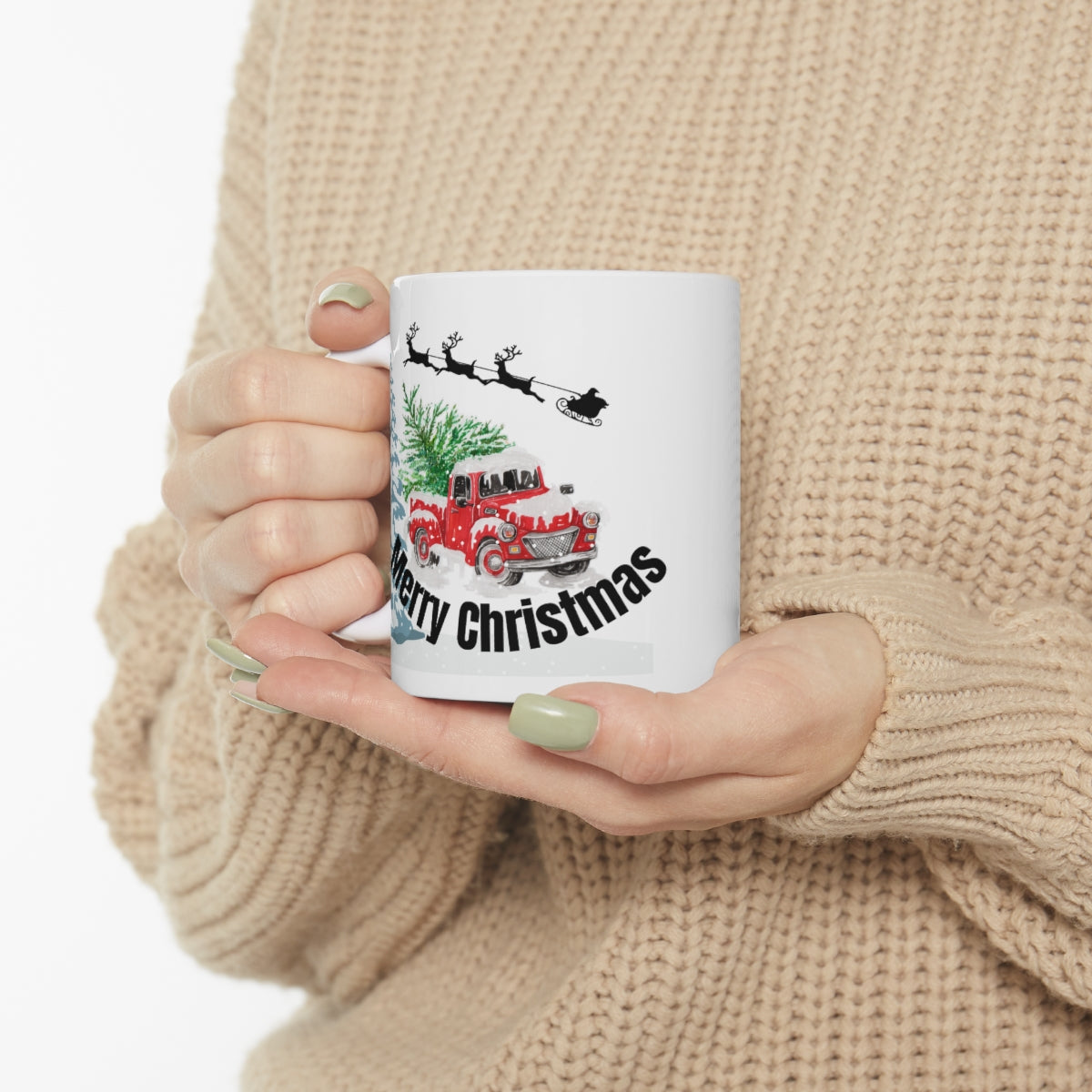 Merry Christmas Red Truck with Santa's Sleigh Ceramic Mug