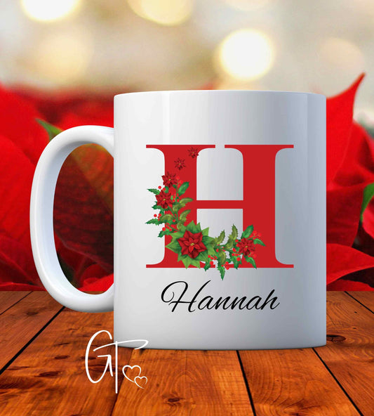 Christmas Custom Monogram Poinsettia Mug, Secret Santa Gift, Snowman Face Mug, Personalized Hot Chocolate Mugs, Funny Coffee Mugs