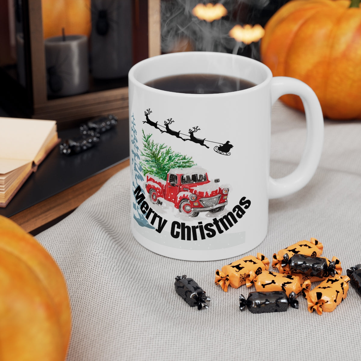 Merry Christmas Red Truck with Santa's Sleigh Ceramic Mug