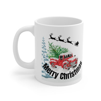 Merry Christmas Red Truck with Santa's Sleigh Ceramic Mug